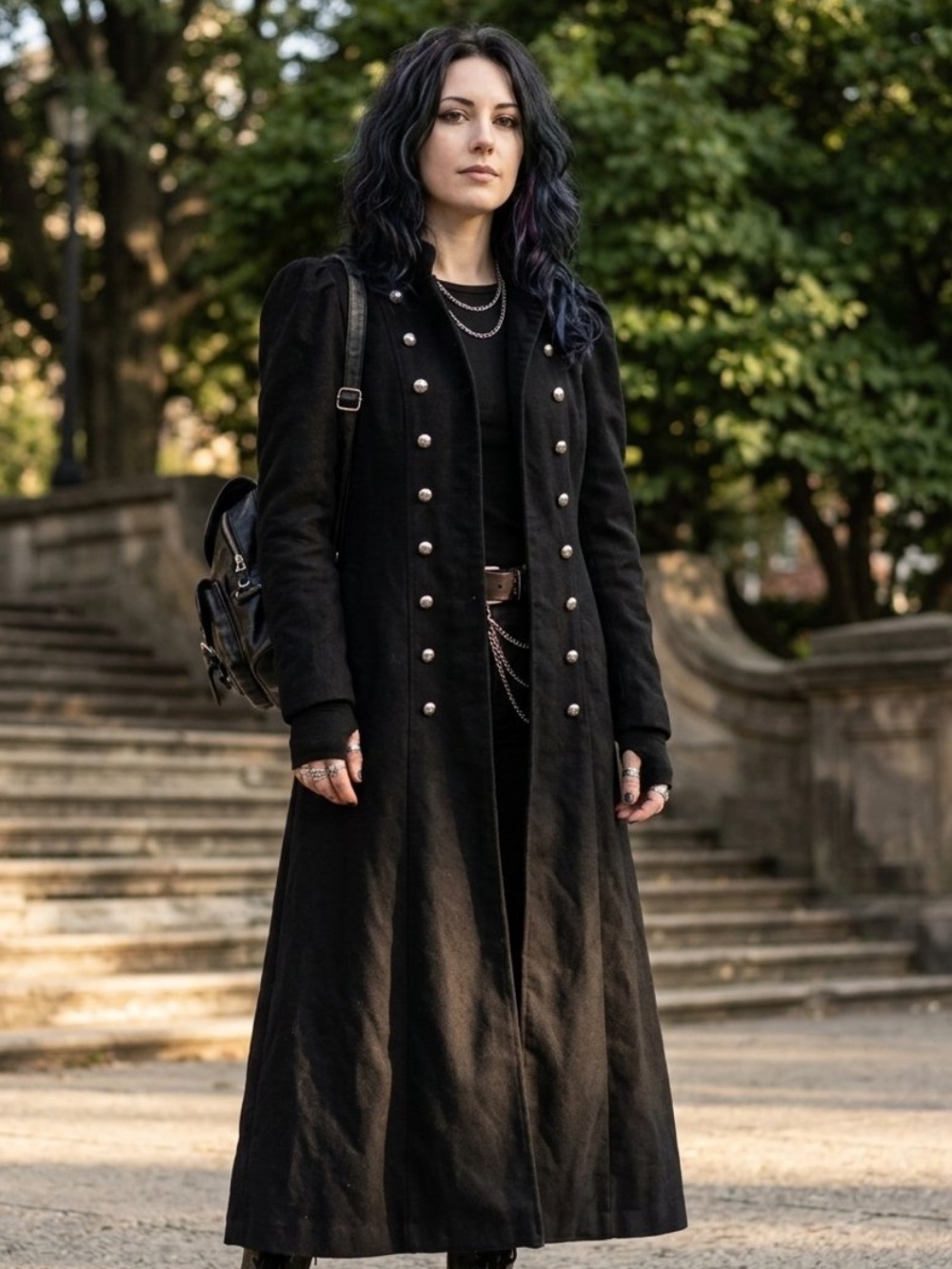 Men's Black Double-Breasted Military-Style Trench Coat